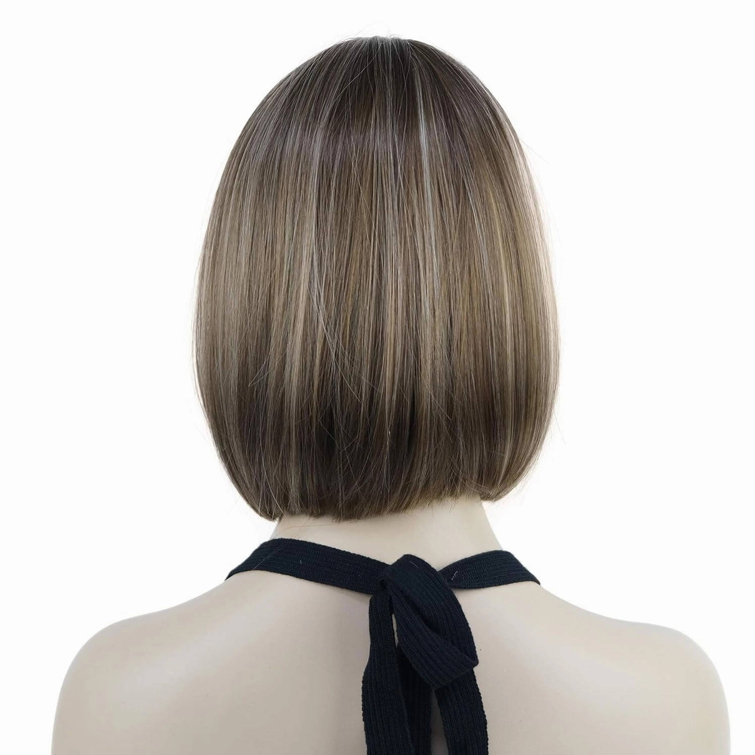 Lydell 8" Straight Short Bob Hair Flat Bangs Cute Central Dot Skin Top Heat Resistant Synthetic Wigs (12TT26 Light Golden Brown with Highlights)