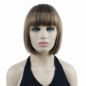 Lydell 8" Straight Short Bob Hair Flat Bangs Cute Central Dot Skin Top Heat Resistant Synthetic Wigs (12TT26 Light Golden Brown with Highlights)