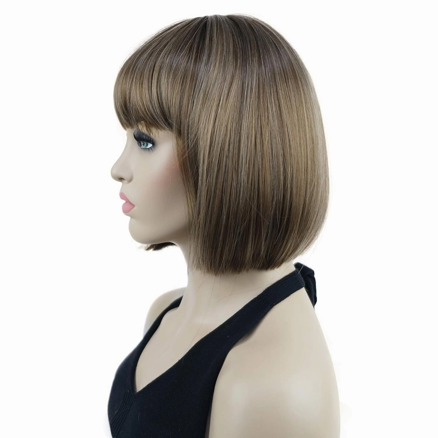 Lydell 8" Straight Short Bob Hair Flat Bangs Cute Central Dot Skin Top Heat Resistant Synthetic Wigs (12TT26 Light Golden Brown with Highlights)