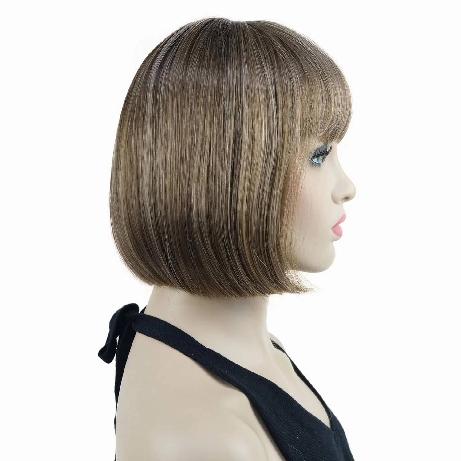 Lydell 8" Straight Short Bob Hair Flat Bangs Cute Central Dot Skin Top Heat Resistant Synthetic Wigs (12TT26 Light Golden Brown with Highlights)