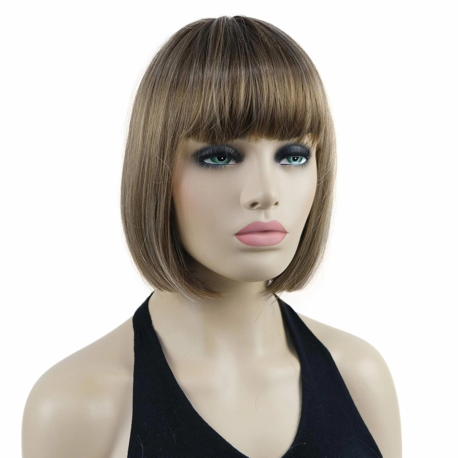 Lydell 8" Straight Short Bob Hair Flat Bangs Cute Central Dot Skin Top Heat Resistant Synthetic Wigs (12TT26 Light Golden Brown with Highlights)