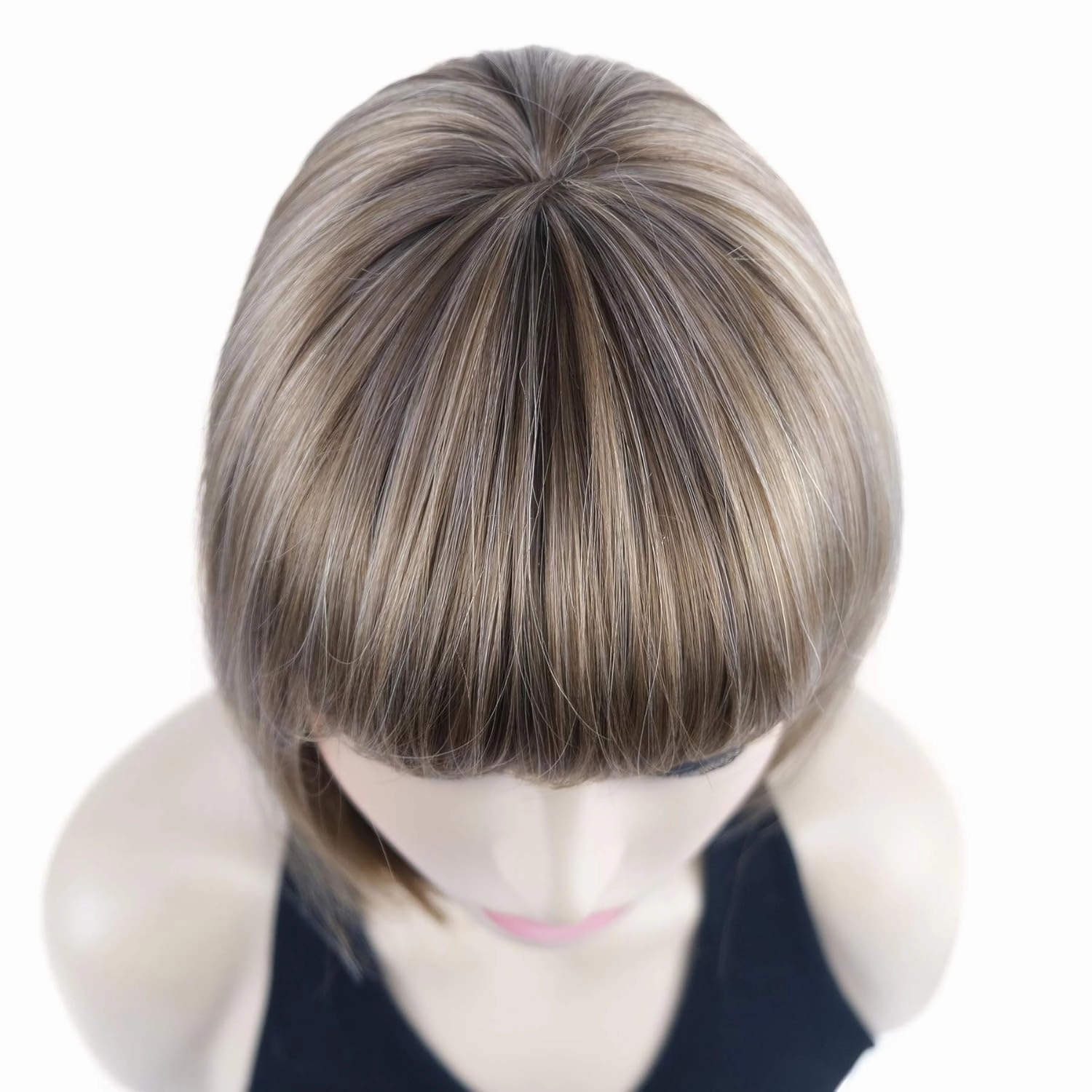Lydell 8" Straight Short Bob Hair Flat Bangs Cute Central Dot Skin Top Heat Resistant Synthetic Wigs (12TT26 Light Golden Brown with Highlights)