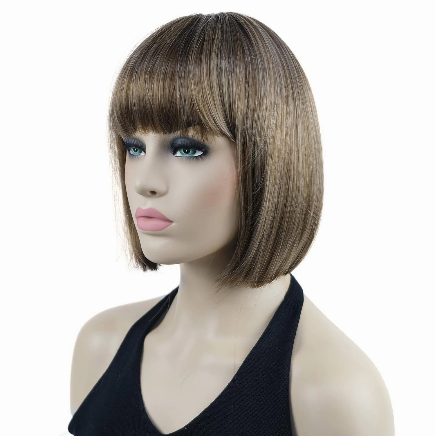 Lydell 8" Straight Short Bob Hair Flat Bangs Cute Central Dot Skin Top Heat Resistant Synthetic Wigs (12TT26 Light Golden Brown with Highlights)