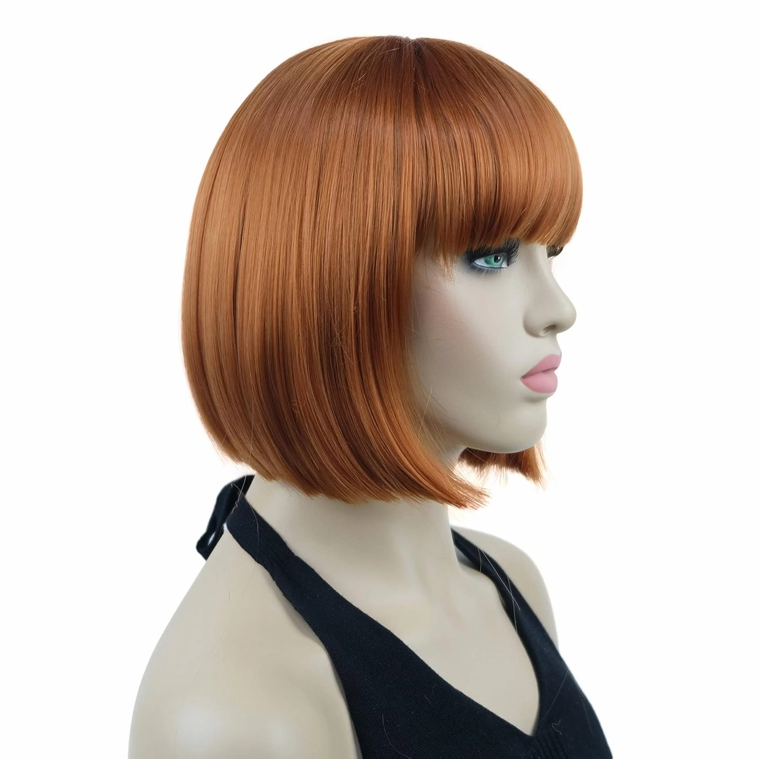 Lydell 8" Straight Short Bob Hair Flat Bangs Cute Central Dot Skin Top Heat Resistant Synthetic Wigs (130A Fox Red)