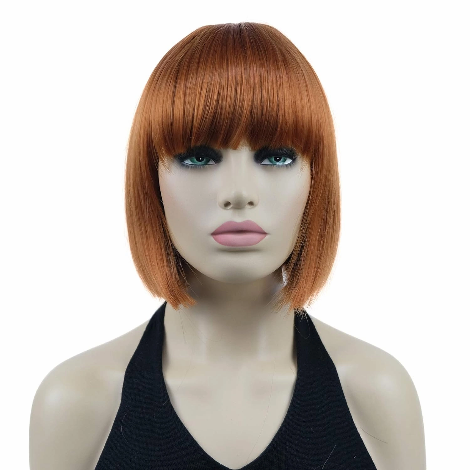 Lydell 8" Straight Short Bob Hair Flat Bangs Cute Central Dot Skin Top Heat Resistant Synthetic Wigs (130A Fox Red)