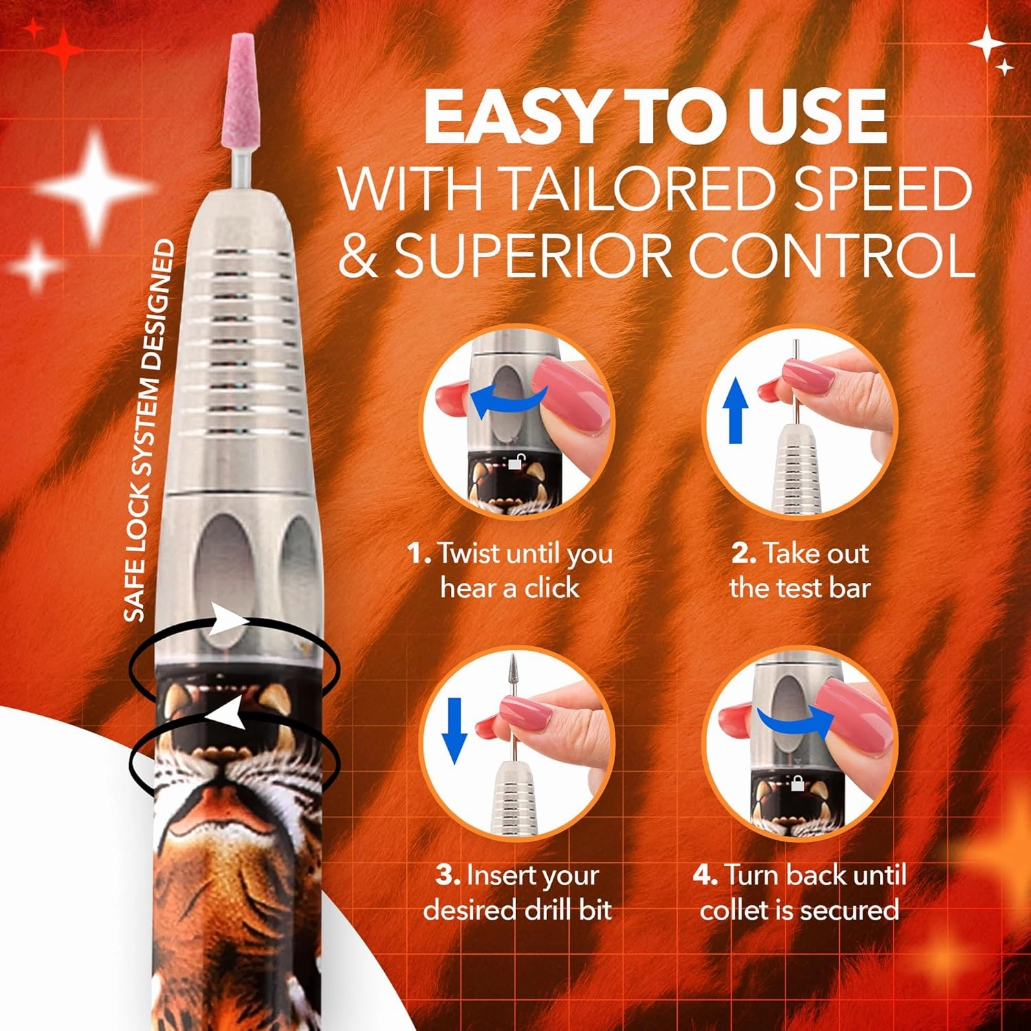 M Max - Nail Drill Professional - 2-in-1 Brushless Motor Nails Drill Machine - Electric, Cordless, Aluminium Alloy Casing, 35000 RPM, HD Display - Perfect for Salon & Home Use Special Edition - Tiger