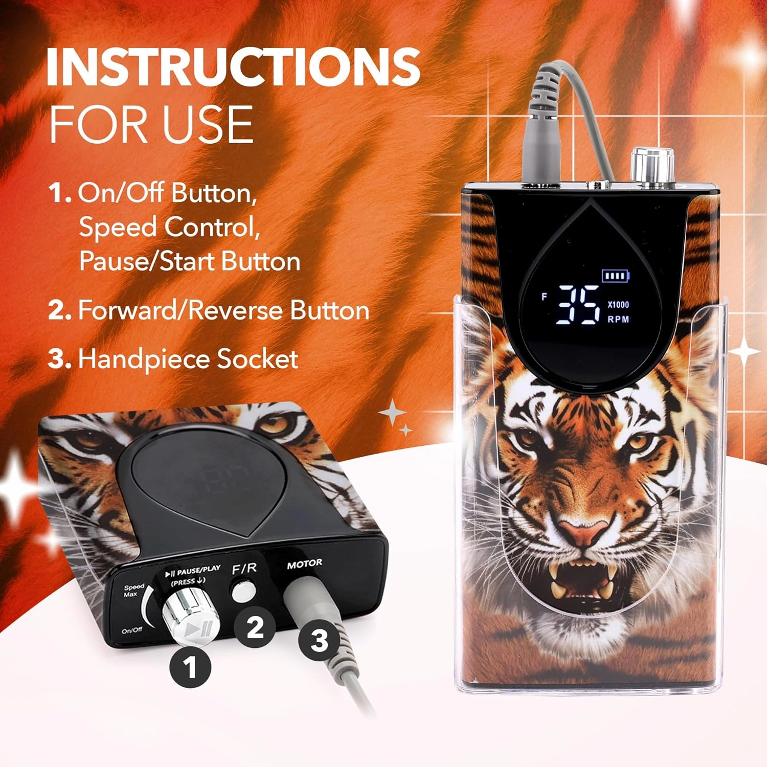 M Max - Nail Drill Professional - 2-in-1 Brushless Motor Nails Drill Machine - Electric, Cordless, Aluminium Alloy Casing, 35000 RPM, HD Display - Perfect for Salon & Home Use Special Edition - Tiger
