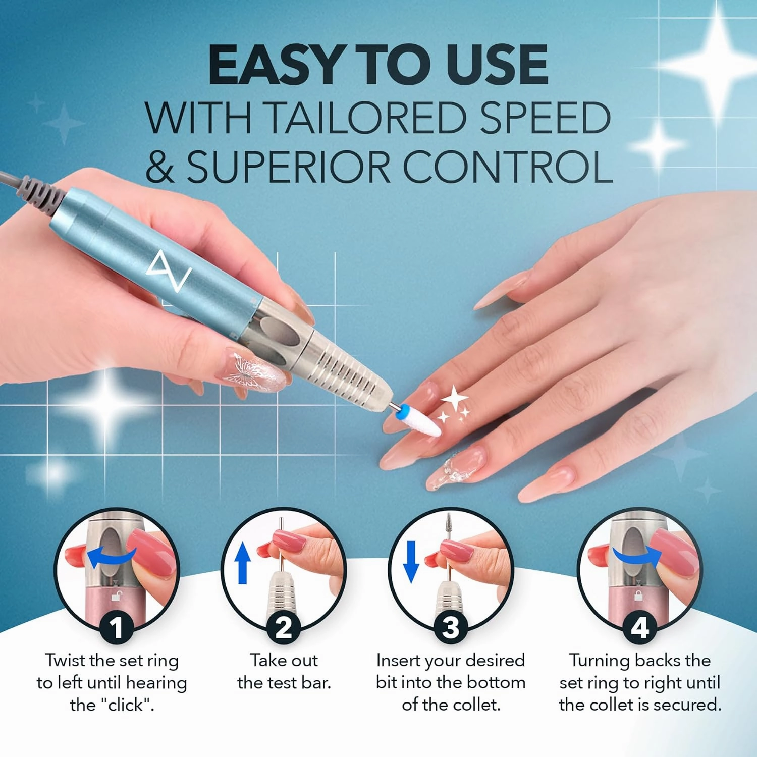 M Max - Professional Nail Drill Machine - 2-in-1 Brushless Motor Nail File - Electric, Cordless, Aluminium Alloy Casing, 35000 RPM, HD Display - Perfect for Salon & Home Use (Mermaid)