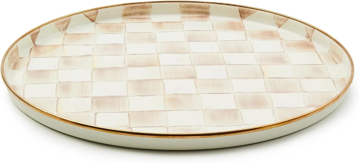 MACKENZIE-CHILDS Enamel Round Tray, Unique Serving Platter for Food and Drinks, Brown-and-White Mocha Check