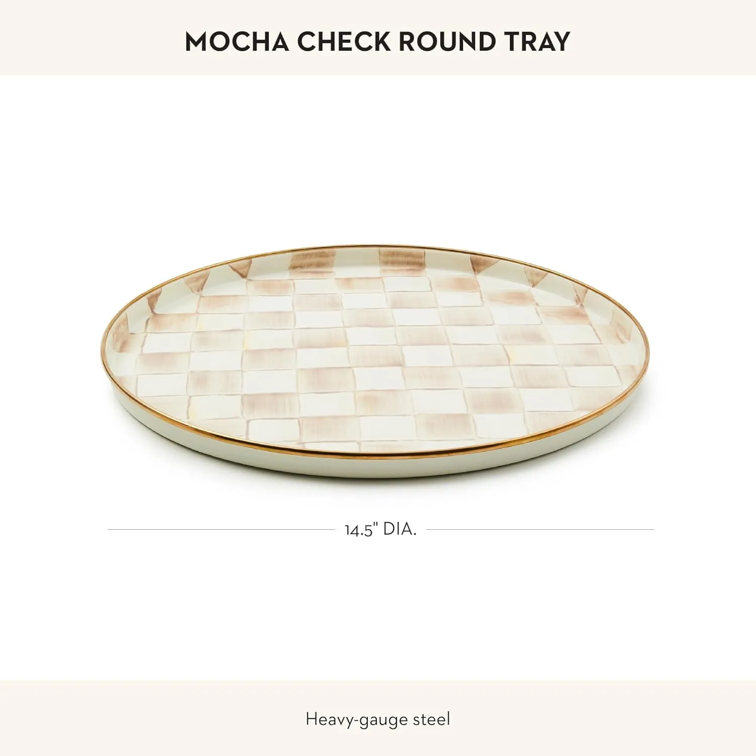 MACKENZIE-CHILDS Enamel Round Tray, Unique Serving Platter for Food and Drinks, Brown-and-White Mocha Check