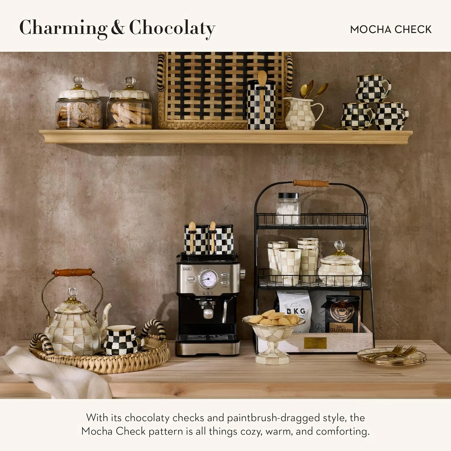 MACKENZIE-CHILDS Enamel Round Tray, Unique Serving Platter for Food and Drinks, Brown-and-White Mocha Check