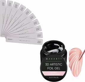 Makartt 3D Nail Foil Glue, 8ml Foil Transfer Gel, Bundle with 10pcs Nail Files (80/80 Grit, Pink, Coarse Emery with Paper backing)