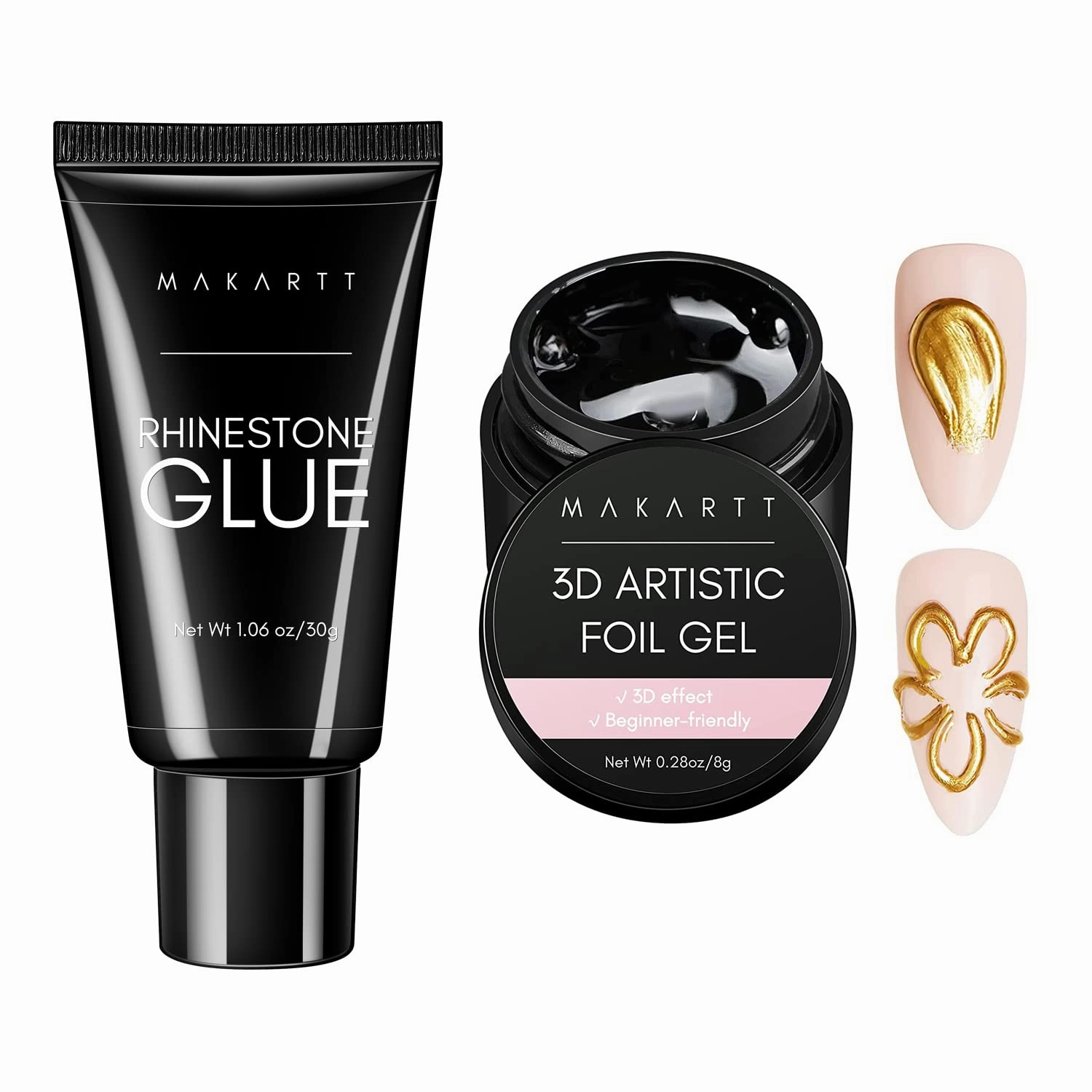 Makartt 3D Nail Foil Glue with Nail Rhinestone Glue for Nails Bundle, 8ml Foil Transfer Gel Foil Adhesive Glue, Super Strong Gel Nail Glue for Rhinestones for Nails