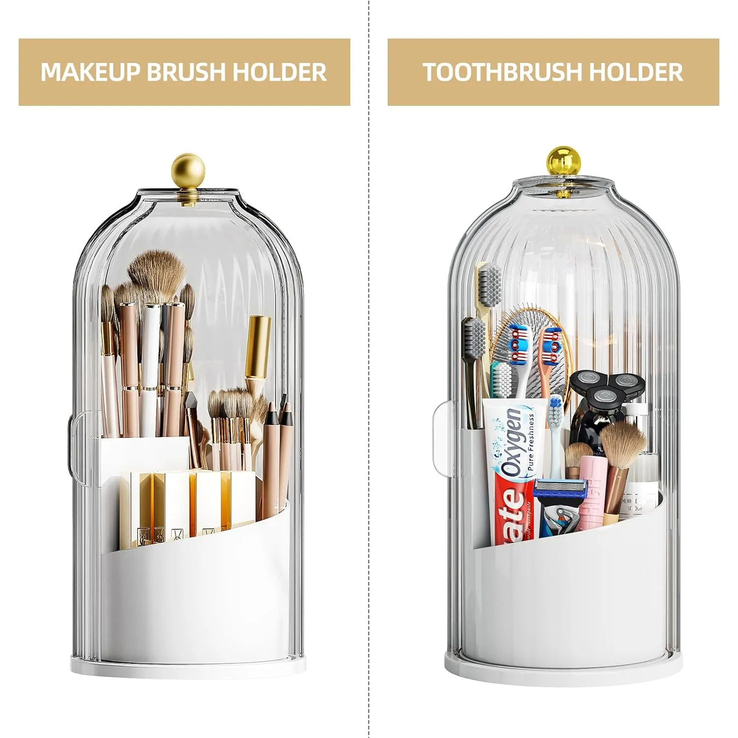 Makeup Brush Holder Organizer, 360 Rotating Makeup Brush Organizer Cosmetics Make up Brush Organizer for Vanity, Waterproof Dustproof Makup Brush Storage for Bathroom Countertop, White-Clear