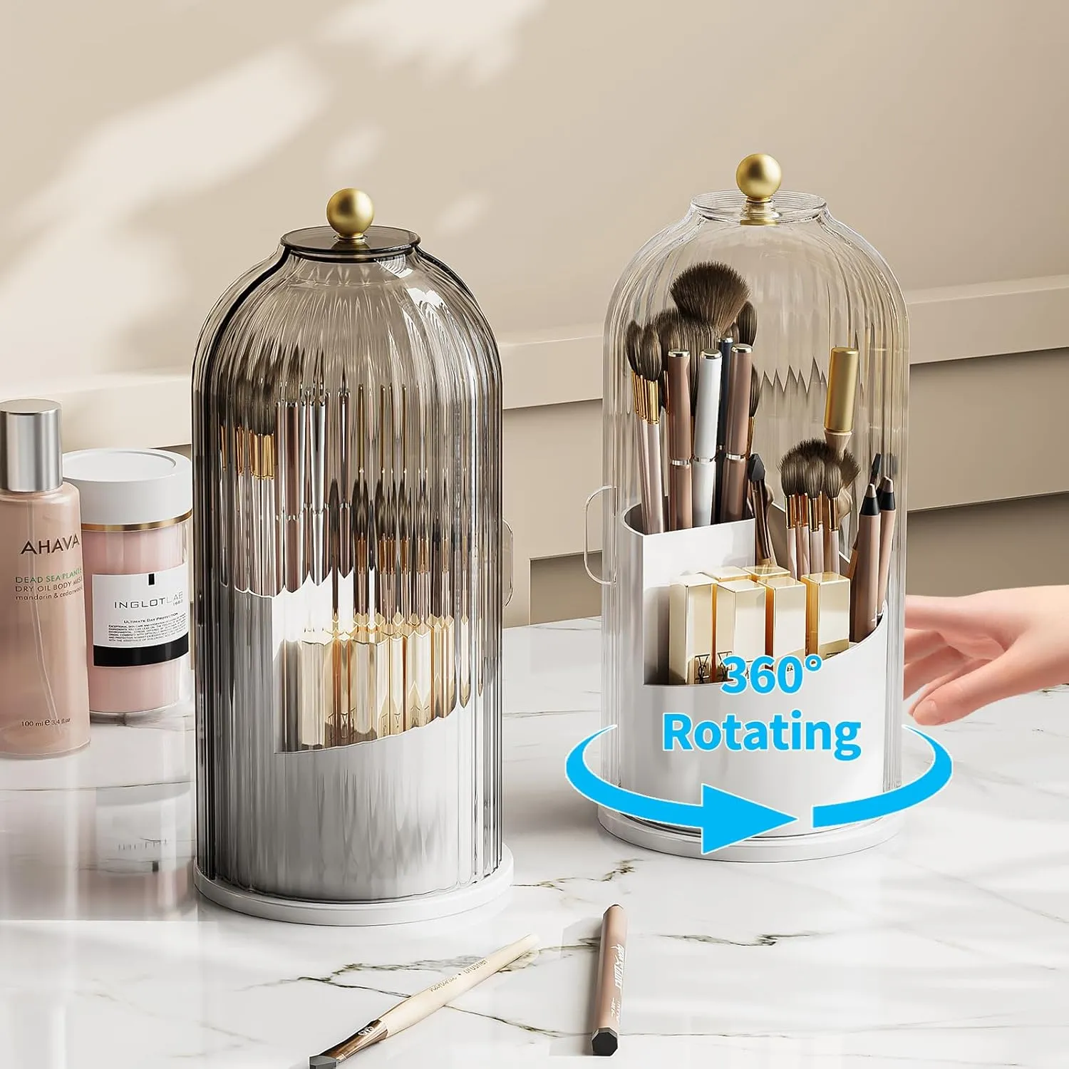 Makeup Brush Holder Organizer, 360 Rotating Makeup Brush Organizer Cosmetics Make up Brush Organizer for Vanity, Waterproof Dustproof Makup Brush Storage for Bathroom Countertop, White-Clear