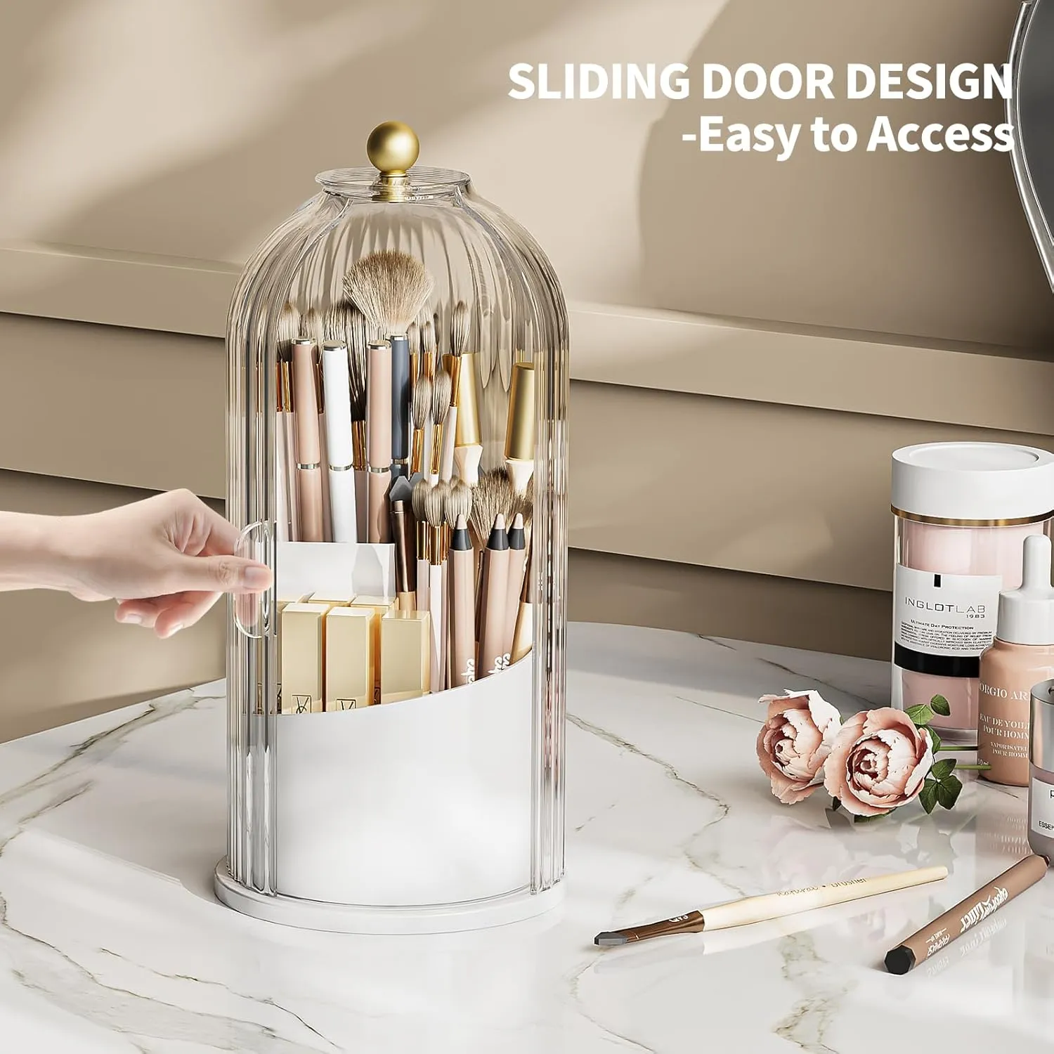 Makeup Brush Holder Organizer, 360 Rotating Makeup Brush Organizer Cosmetics Make up Brush Organizer for Vanity, Waterproof Dustproof Makup Brush Storage for Bathroom Countertop, White-Clear