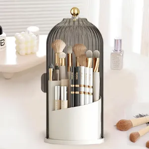 Makeup Brush Holder Organizer with Lid 360 Rotating Clear Dustproof 3 Compartment Design Makeup Brushes Organizer for dressing table and Bathroom Countertop (Gray)