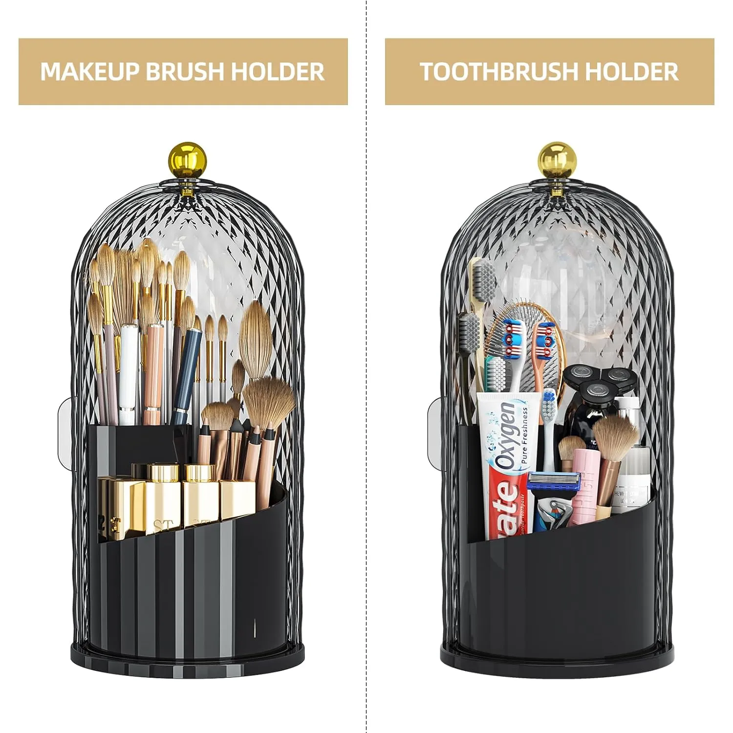 Makeup Brush Holder Organizer with Lid, 360 Rotating Make up Brush Holder with Cover, Dustproof Makup Brush Storage for Vanity Bathroom Countertop, Covered Toothbrush Holder, Black