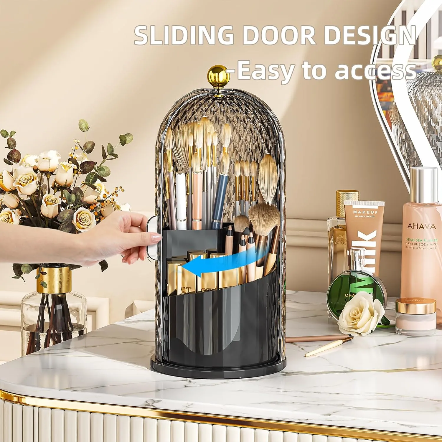 Makeup Brush Holder Organizer with Lid, 360 Rotating Make up Brush Holder with Cover, Dustproof Makup Brush Storage for Vanity Bathroom Countertop, Covered Toothbrush Holder, Black