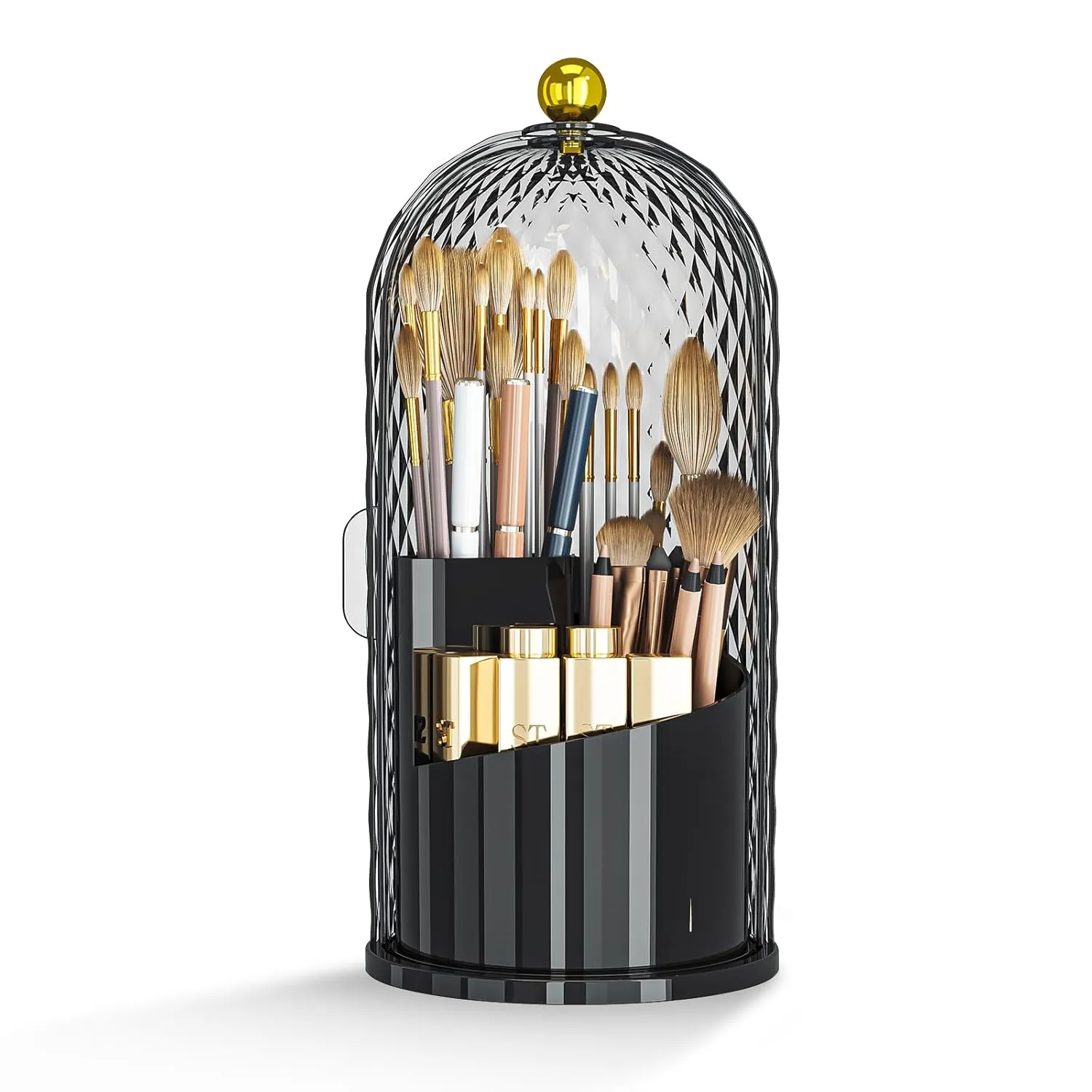 Makeup Brush Holder Organizer with Lid, 360 Rotating Make up Brush Holder with Cover, Dustproof Makup Brush Storage for Vanity Bathroom Countertop, Covered Toothbrush Holder, Black