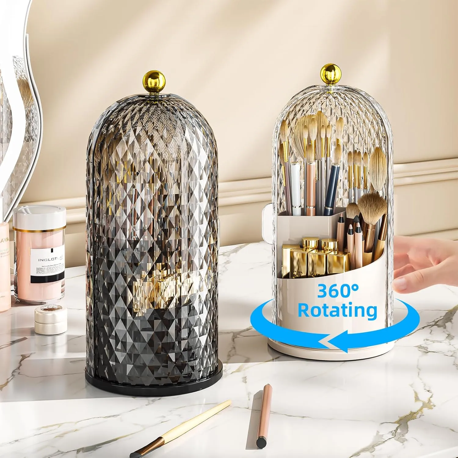 Makeup Brush Holder Organizer with Lid, 360 Rotating Make up Brush Holder with Cover, Dustproof Makup Brush Storage for Vanity Bathroom Countertop, Covered Toothbrush Holder, Black