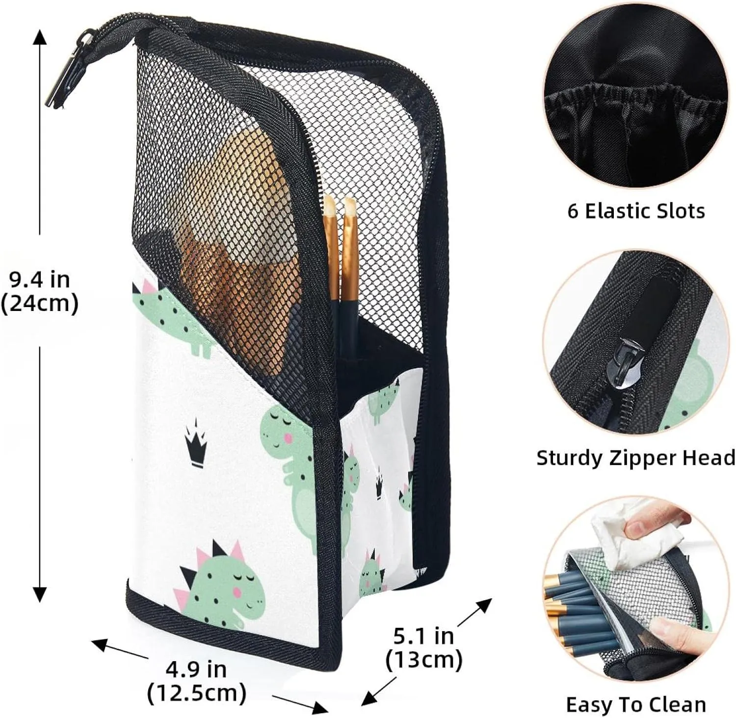 Makeup Brush Organizer Bag, Portable Travel Cosmetic Brush Case with 12 Makeup Brushes, Green Dinosaur Crown White Foldable Makeup Cup for brushes, Eyebrow Pencil