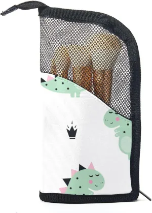 Makeup Brush Organizer Bag, Portable Travel Cosmetic Brush Case with 12 Makeup Brushes, Green Dinosaur Crown White Foldable Makeup Cup for brushes, Eyebrow Pencil