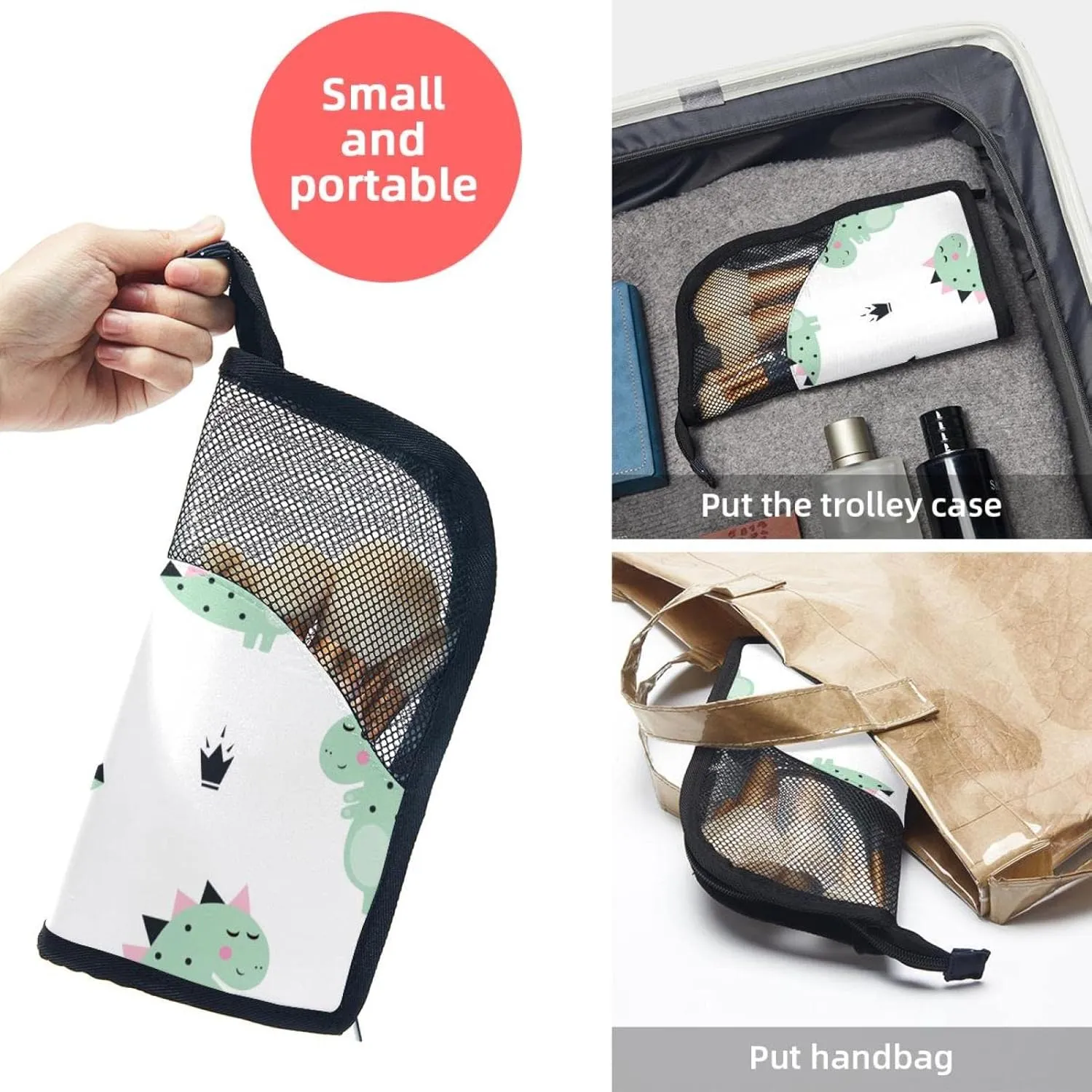 Makeup Brush Organizer Bag, Portable Travel Cosmetic Brush Case with 12 Makeup Brushes, Green Dinosaur Crown White Foldable Makeup Cup for brushes, Eyebrow Pencil
