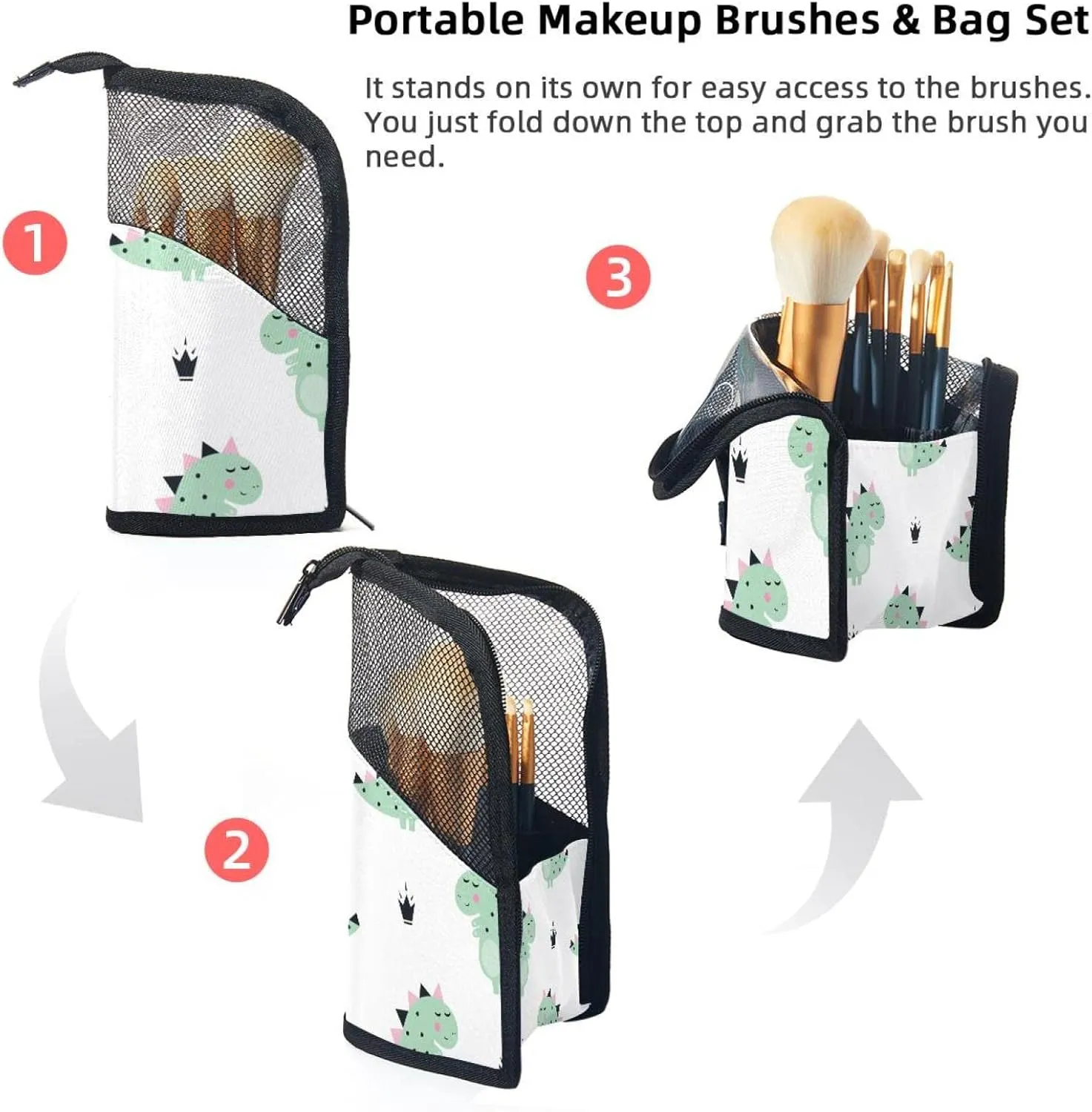 Makeup Brush Organizer Bag, Portable Travel Cosmetic Brush Case with 12 Makeup Brushes, Green Dinosaur Crown White Foldable Makeup Cup for brushes, Eyebrow Pencil