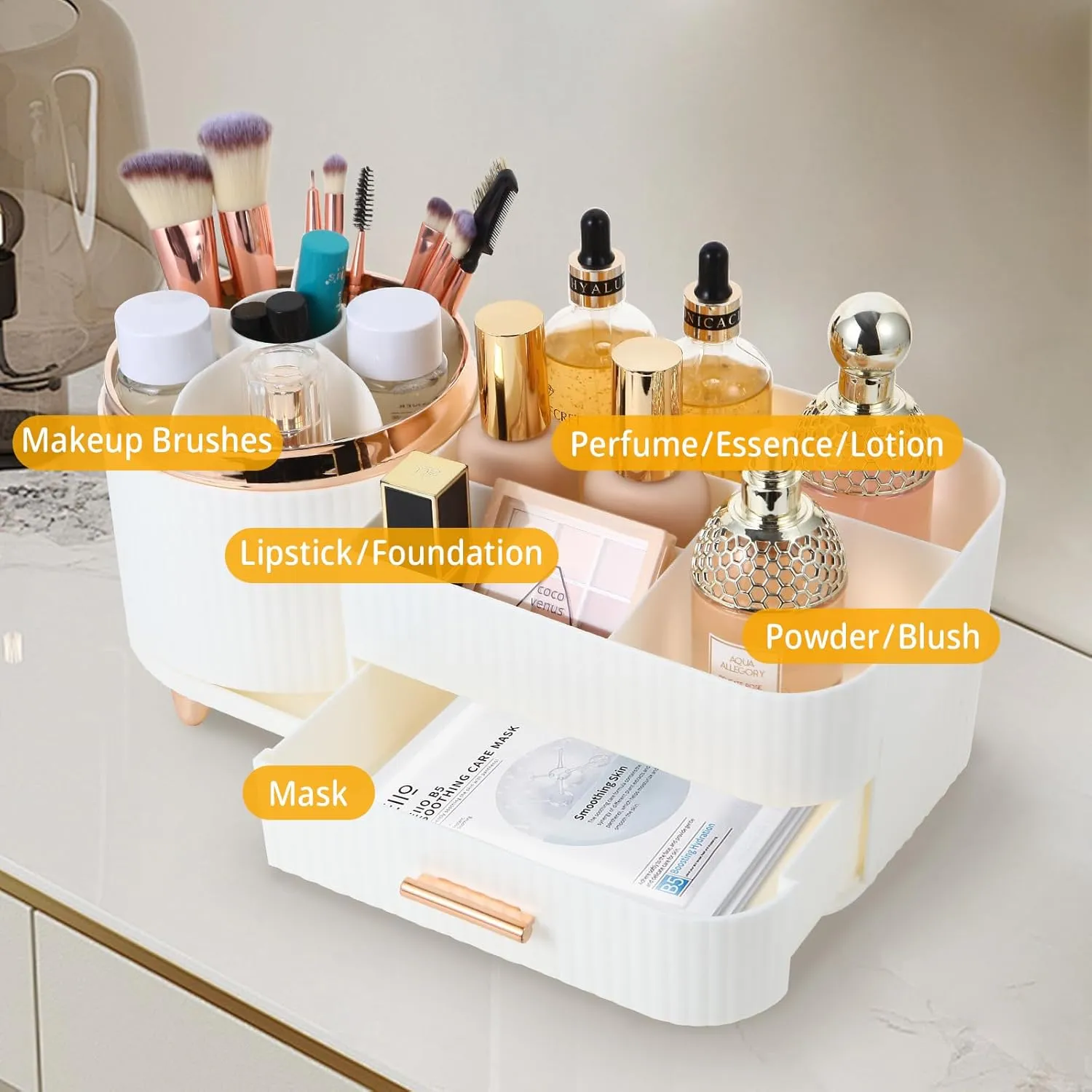 Makeup Organizer Countertop with Drawer 360 Rotating Brush Holder Storage Large Capacity Skincare Cosmetic Display Cases for Vanity Bathroom Desktop, Model 3016 White