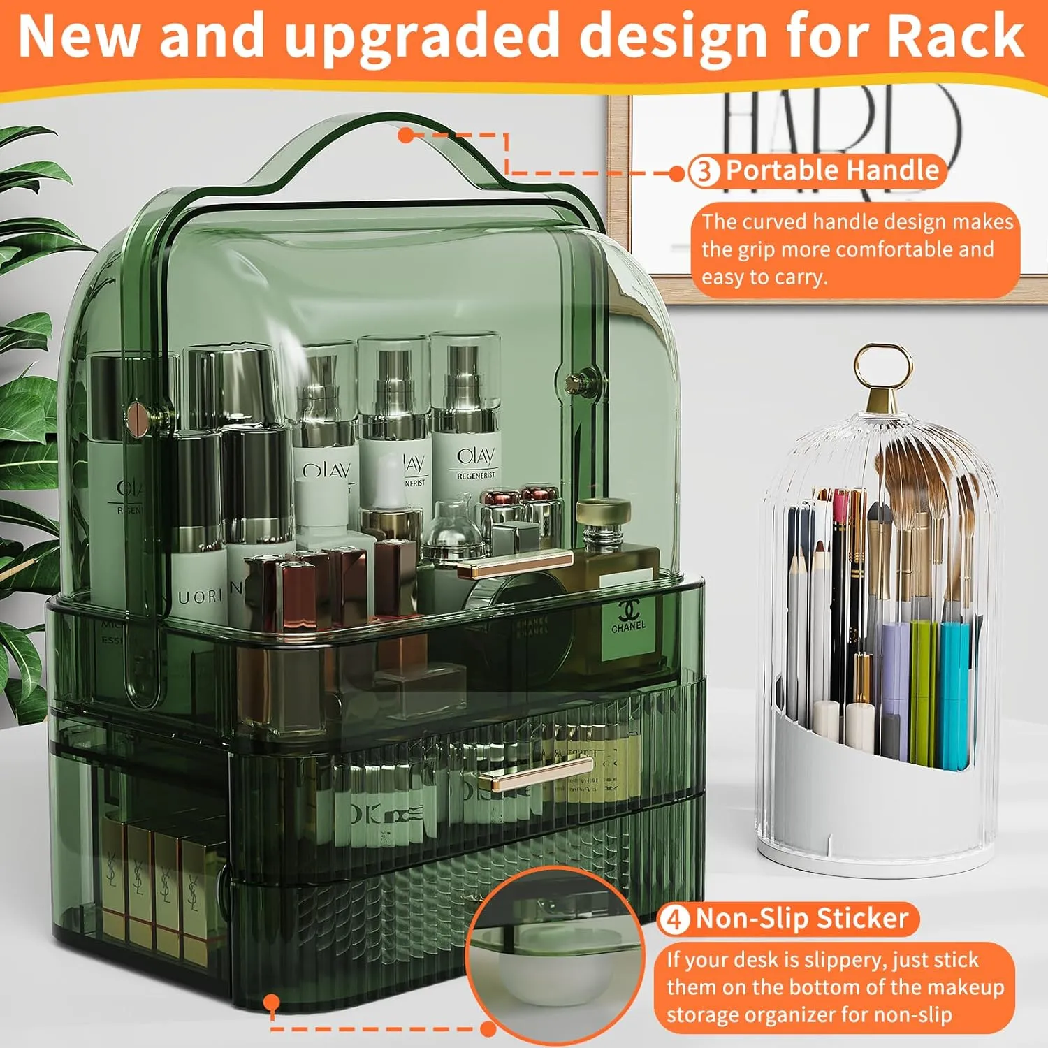 Makeup Organizers Skincare organizers with 2-Layer Storage Box and Transparent Cover Waterproof Dustproof Cosmetics Display Cases with Brush Holder for Countertop Vanity Bathroom Dresser Gift(Green)
