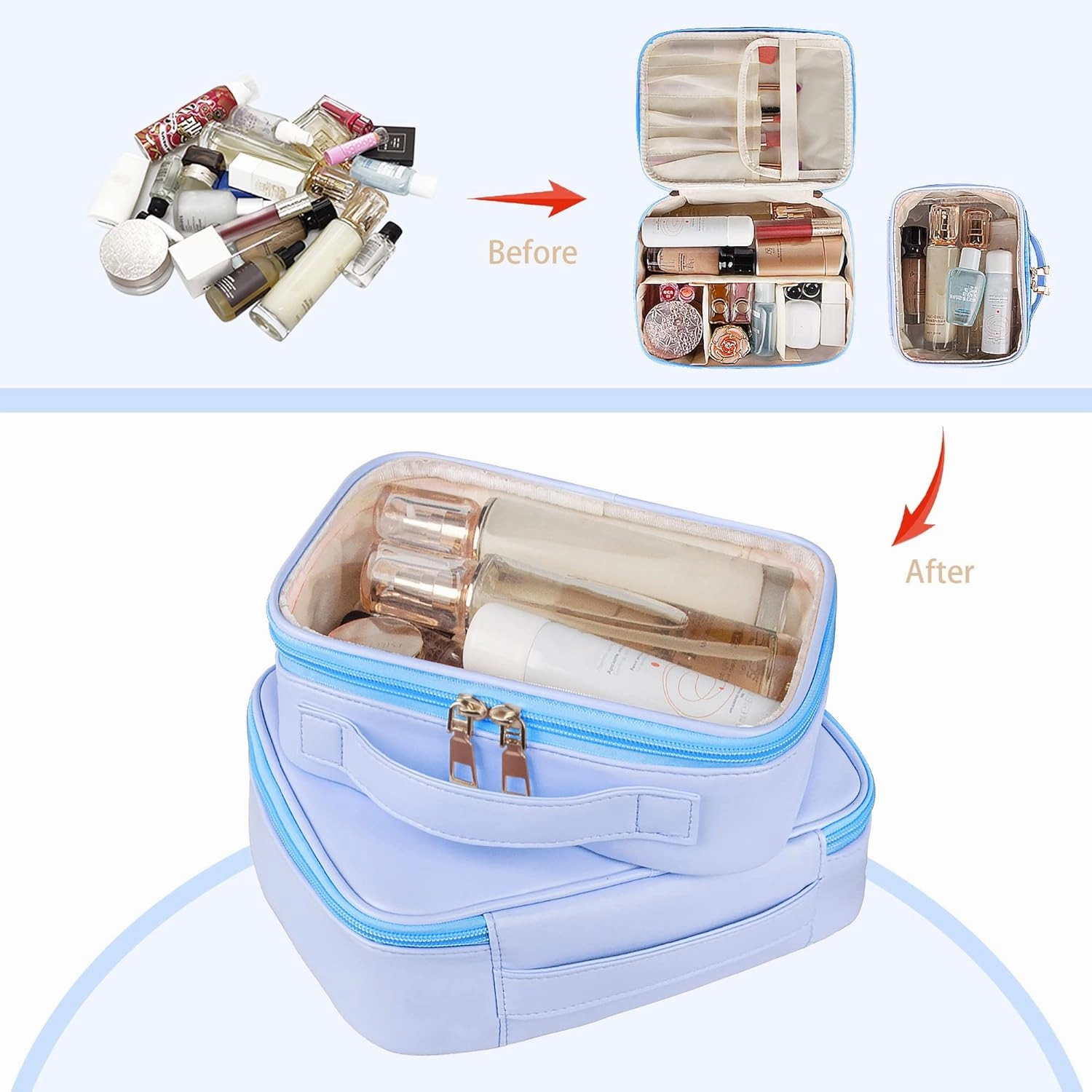 Makeup Bag, 2 PCS PU Leather Cosmetic Bags, Portable Travel Makeup Case, Large Makeup Organizer with Clear Makeup Bag for Women (Blue)