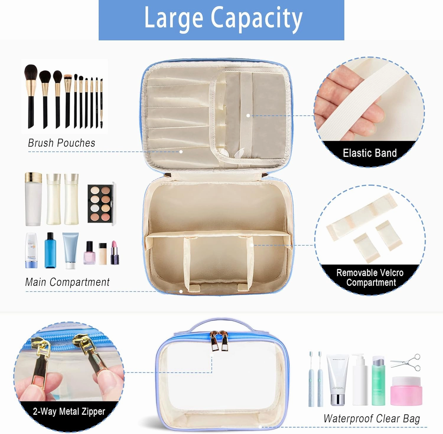 Makeup Bag, 2 PCS PU Leather Cosmetic Bags, Portable Travel Makeup Case, Large Makeup Organizer with Clear Makeup Bag for Women (Blue)
