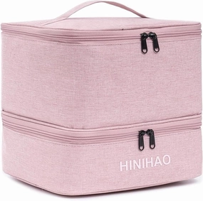 Makeup Bag, Portable Cosmetic Bag, Travel Makeup Organizer With Handle and Divider, Double Layer Large Organizer Bag, Adjustable Dividers and Brush Organize area- Pink (makeup bag-lage)