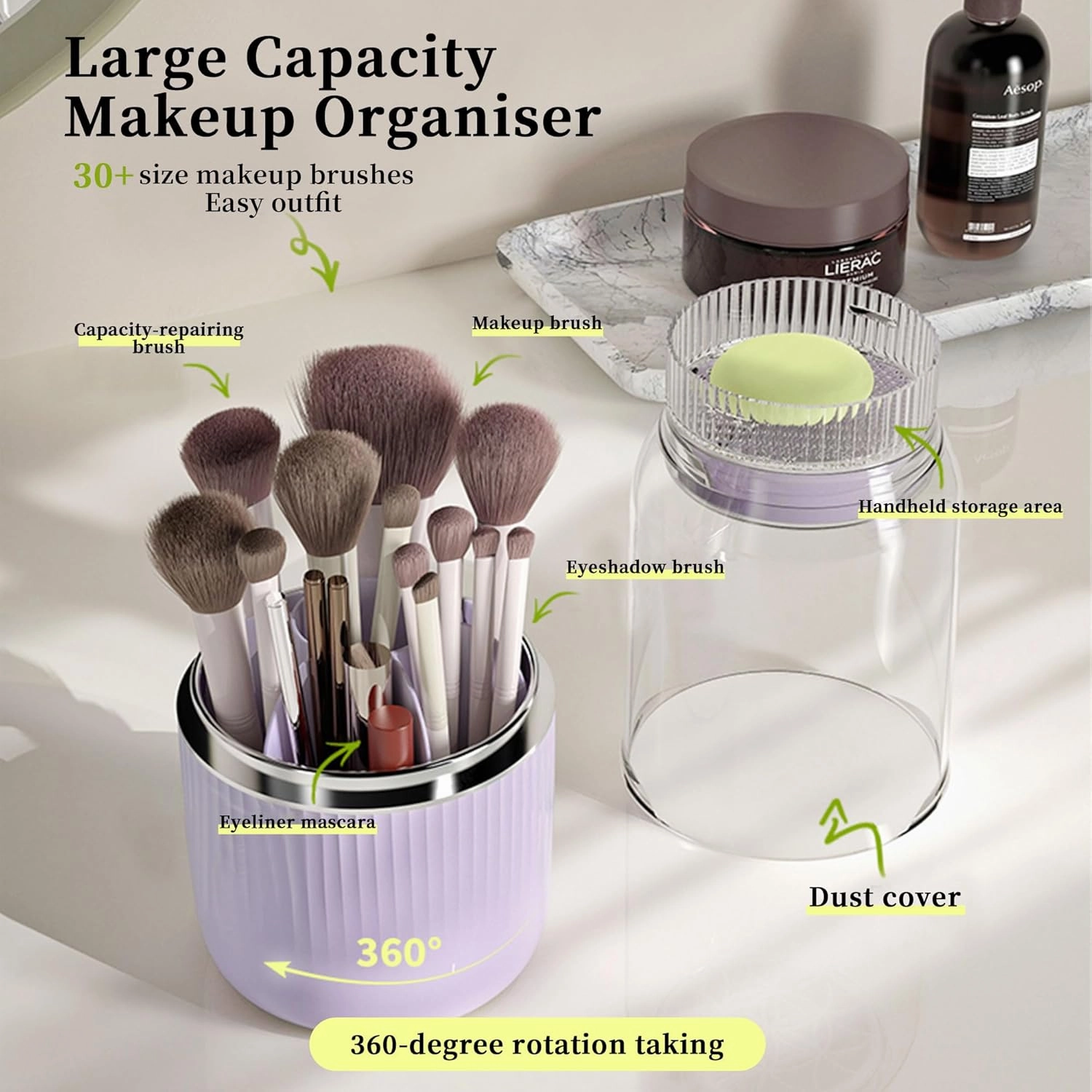 Makeup Brush Holder Organizer, 360° Rotating Makeup Brush Organizer, Large Capacity Makeup Organizer with 7 Slot Makeup Organization and Skincare Storage for Vanity, Desktop, Bathroom (Purple)