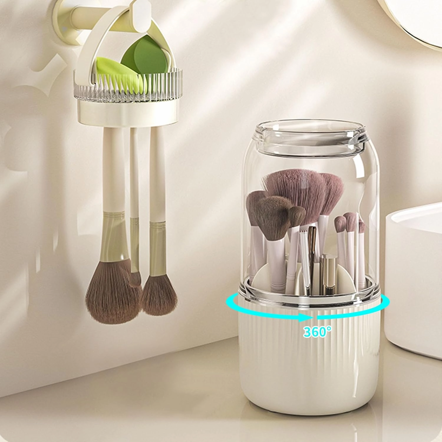 Makeup Brush Holder Organizer, 360° Rotating Makeup Brush Organizer, Large Capacity Makeup Organizer with 7 Slot Makeup Organization and Skincare Storage for Vanity, Desktop, Bathroom (White)