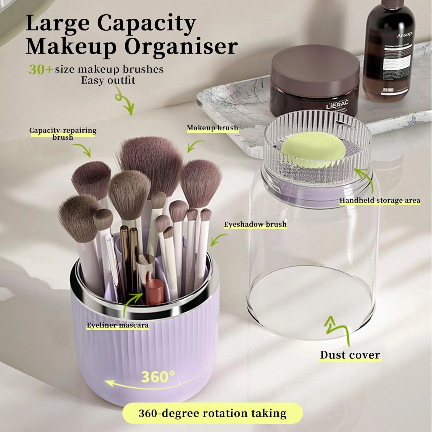 Makeup Brush Holder Organizer, 360° Rotating Makeup Brush Organizer, Large Capacity Makeup Organizer with 7 Slot Makeup Organization and Skincare Storage for Vanity, Desktop, Bathroom (White)