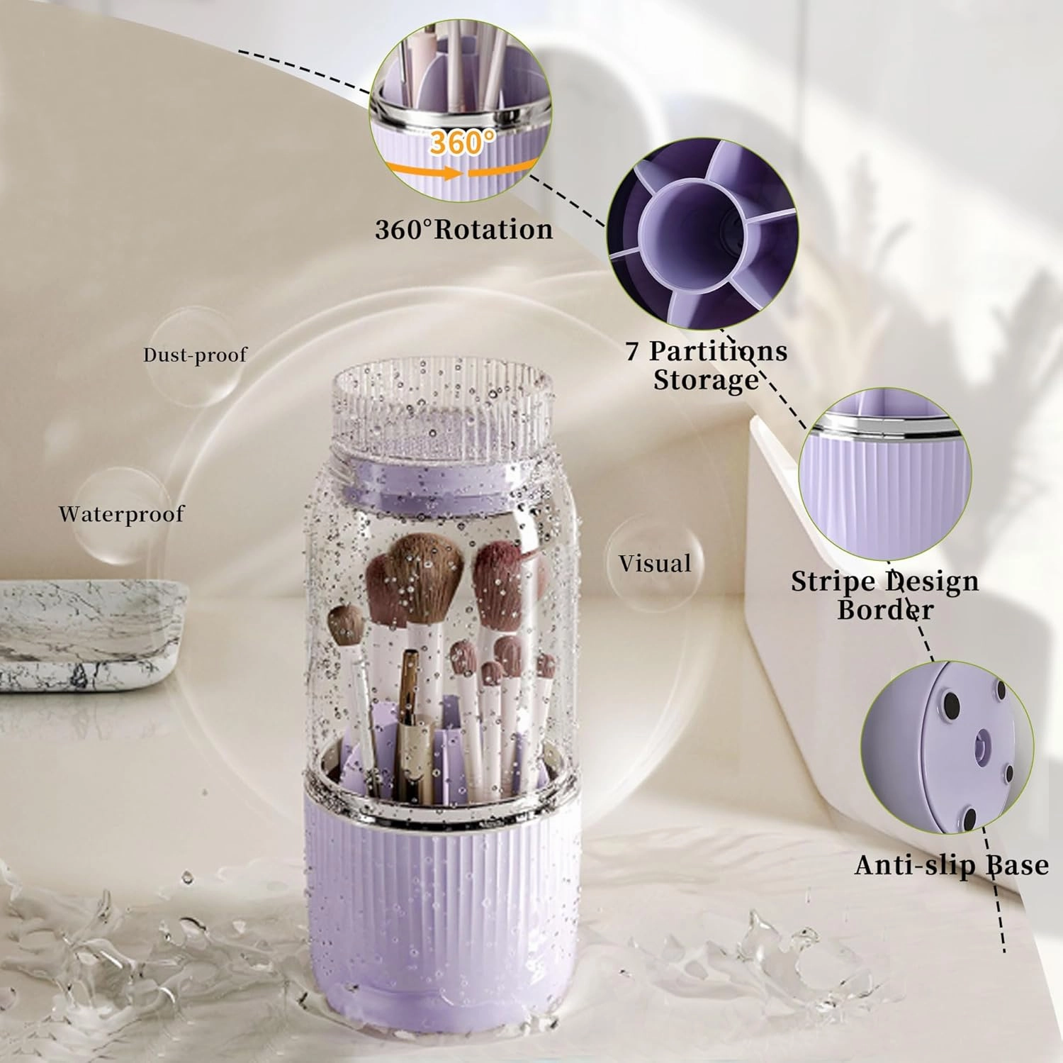 Makeup Brush Holder Organizer, 360° Rotating Makeup Brush Organizer, Large Capacity Makeup Organizer with 7 Slot Makeup Organization and Skincare Storage for Vanity, Desktop, Bathroom (White)