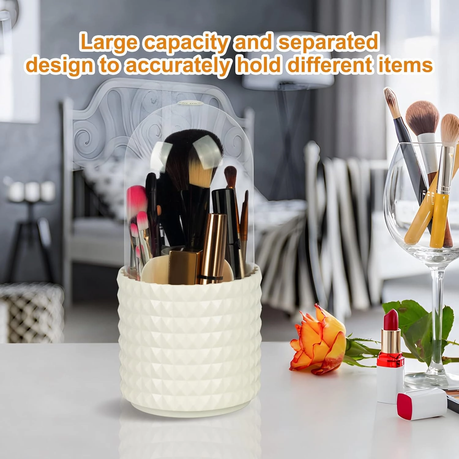 Makeup Brush Holder Organizer -360° Rotating Multi-Functional Pen Holder for Desk,Multi-Purpose Desktop Stationary Organizer,Storage Cup for Lipsticks, Comb, Beauty Tool in Vanity (White B)