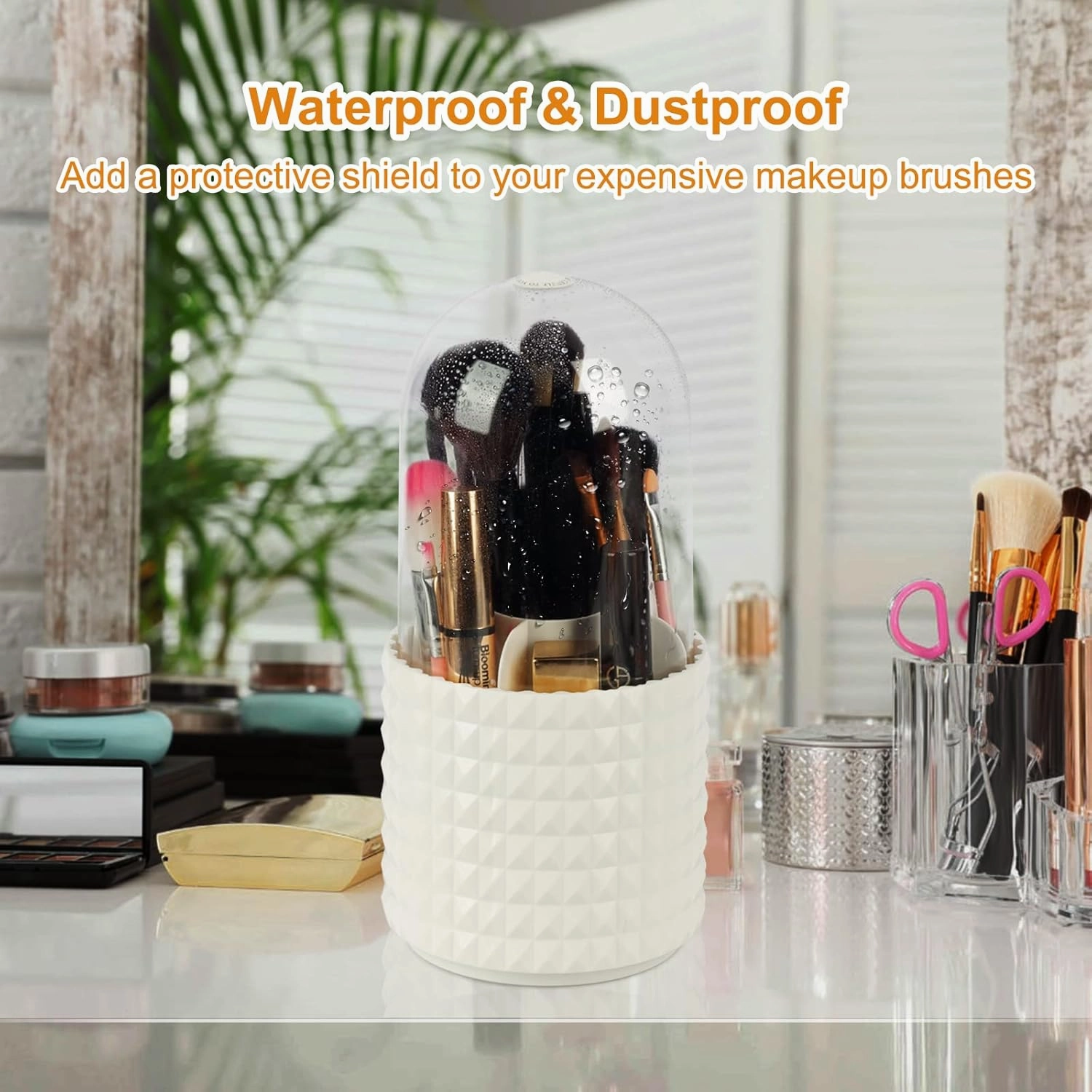 Makeup Brush Holder Organizer -360° Rotating Multi-Functional Pen Holder for Desk,Multi-Purpose Desktop Stationary Organizer,Storage Cup for Lipsticks, Comb, Beauty Tool in Vanity (White B)