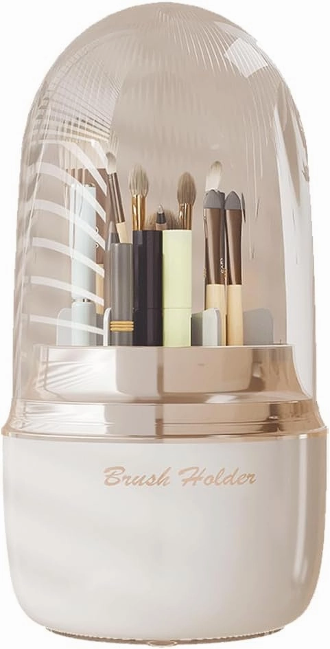 Makeup Brush Holder Organizer with Lid, 360° Rotating Cosmetic Display Case, Spinning Vanity Organizer with 6 Divided Compartments for Countertop Make Up Brushes Storage (White)