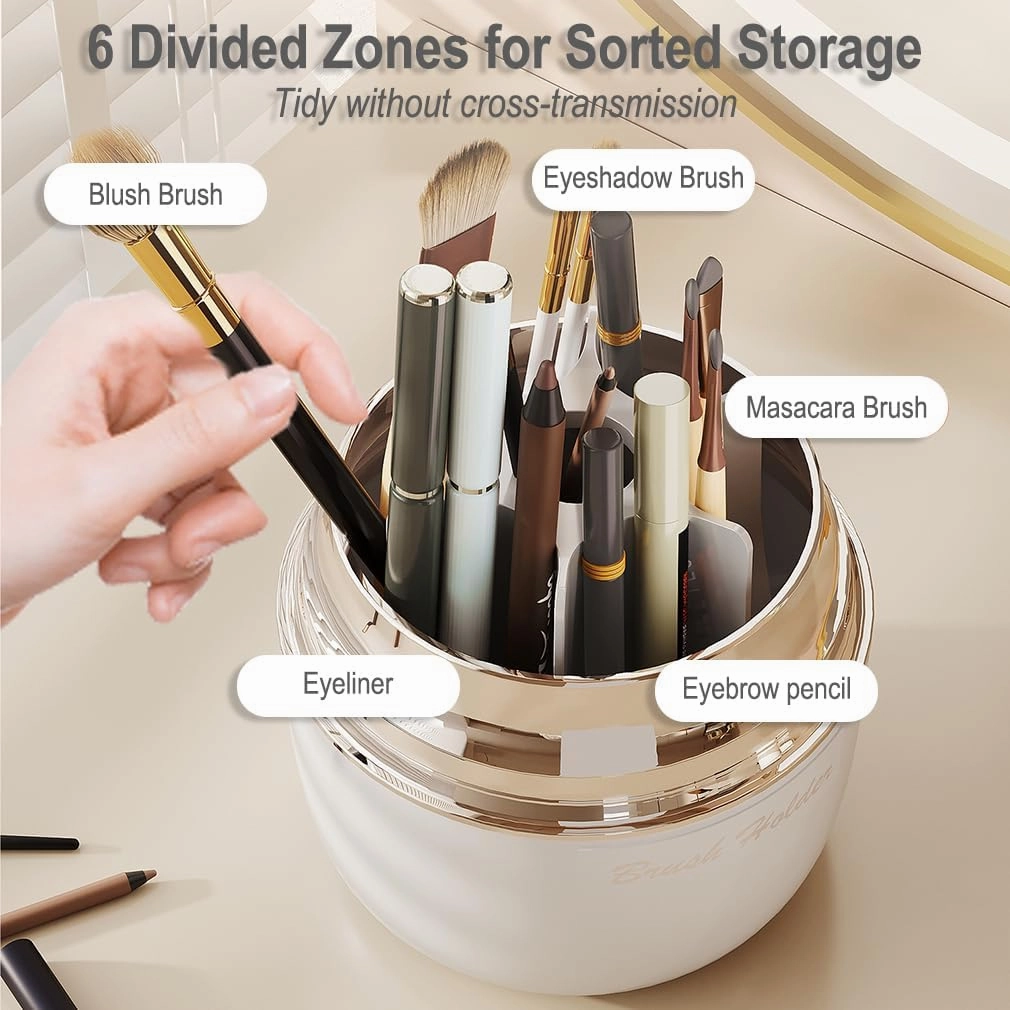 Makeup Brush Holder Organizer with Lid, 360° Rotating Cosmetic Display Case, Spinning Vanity Organizer with 6 Divided Compartments for Countertop Make Up Brushes Storage (White)