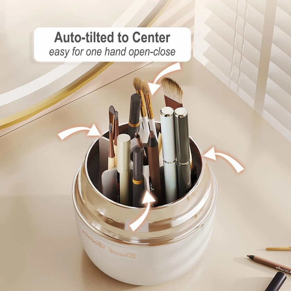 Makeup Brush Holder Organizer with Lid, 360° Rotating Cosmetic Display Case, Spinning Vanity Organizer with 6 Divided Compartments for Countertop Make Up Brushes Storage (White)