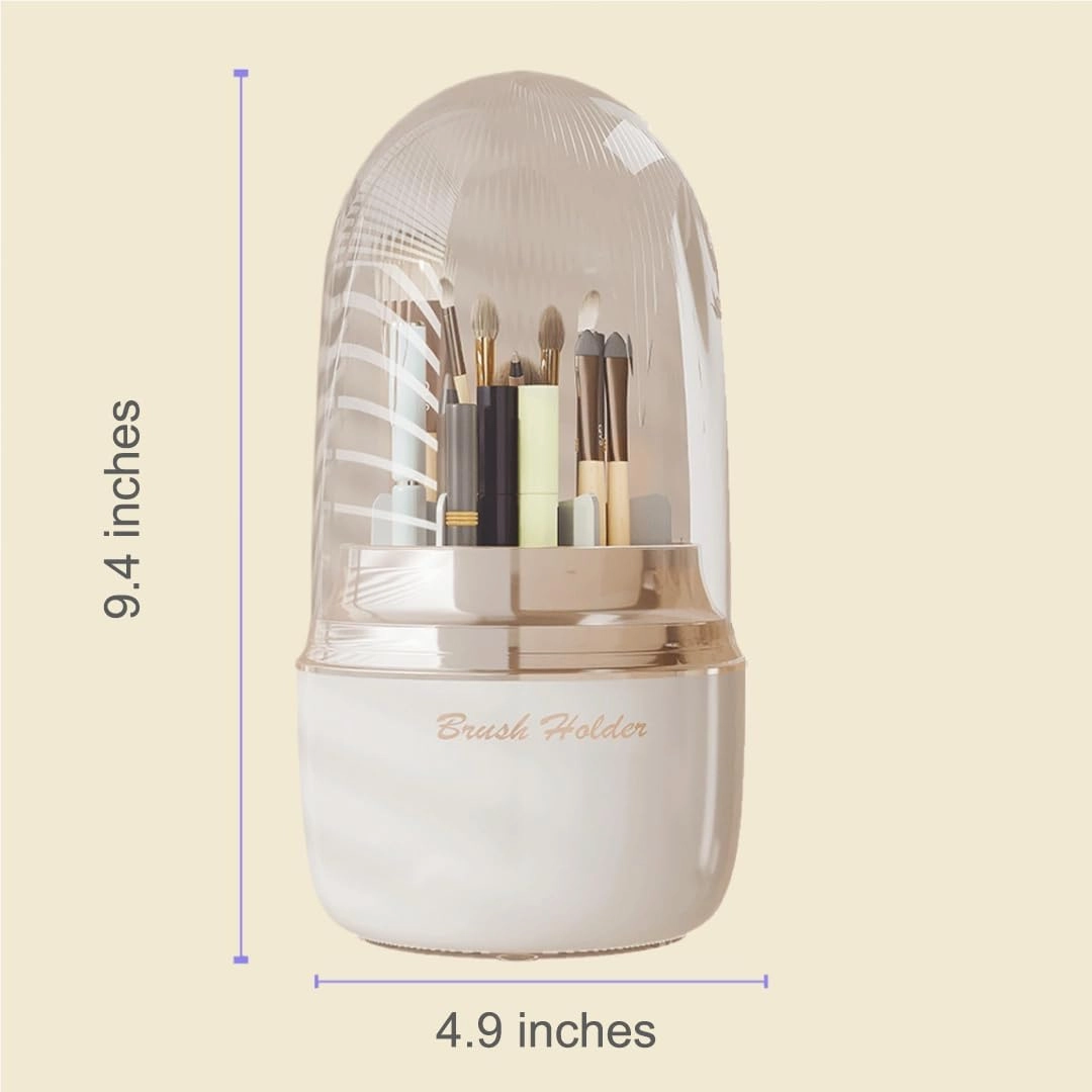 Makeup Brush Holder Organizer with Lid, 360° Rotating Cosmetic Display Case, Spinning Vanity Organizer with 6 Divided Compartments for Countertop Make Up Brushes Storage (White)