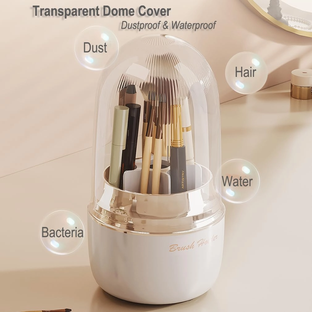 Makeup Brush Holder Organizer with Lid, 360° Rotating Cosmetic Display Case, Spinning Vanity Organizer with 6 Divided Compartments for Countertop Make Up Brushes Storage (White)