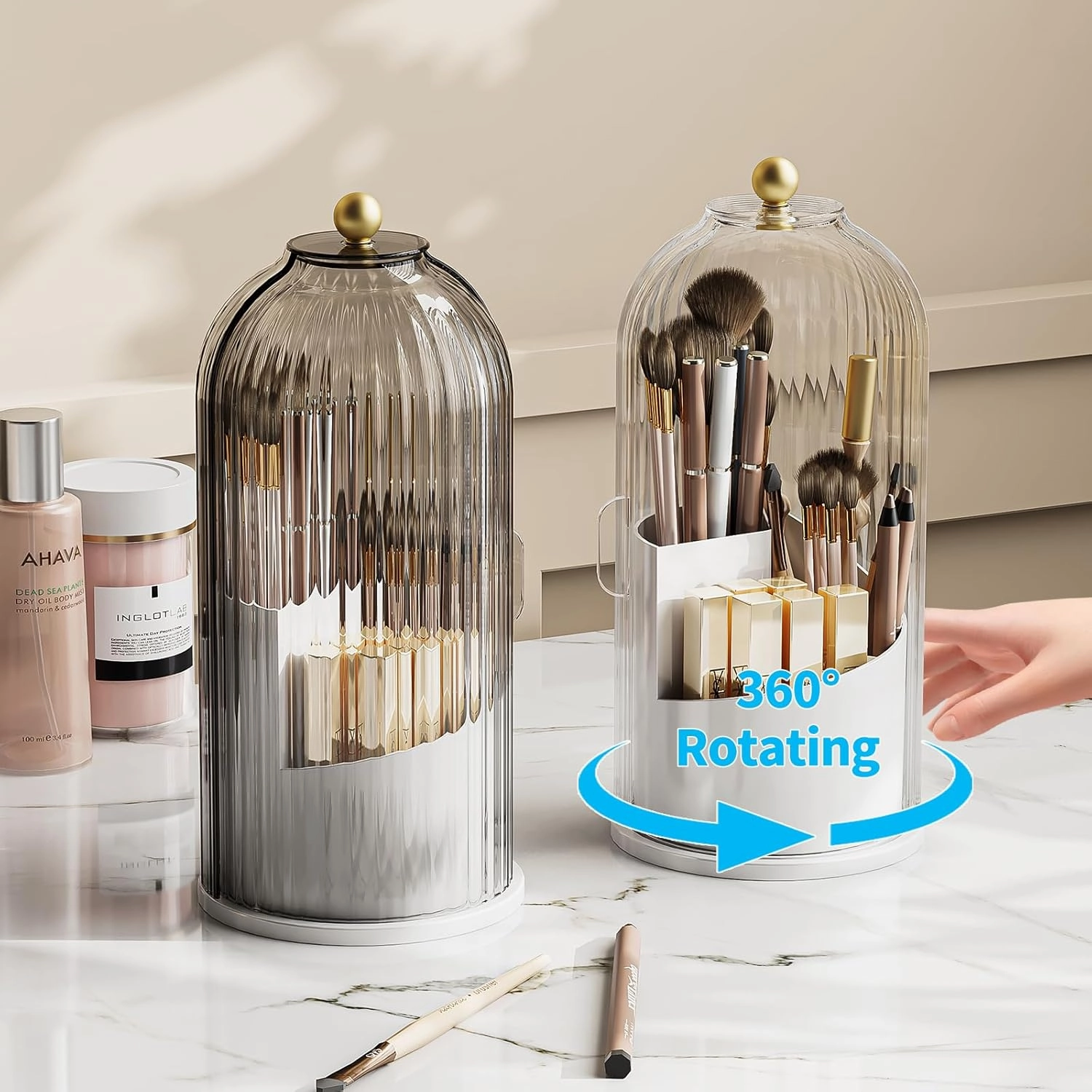 Makeup Brush Holder Organizer with Lid, 360 Rotating Make up Brush Holder with Cover, Dustproof Makup Brush Storage for Vanity Bathroom Countertop, Covered Toothbrush Holder, Clear Grey