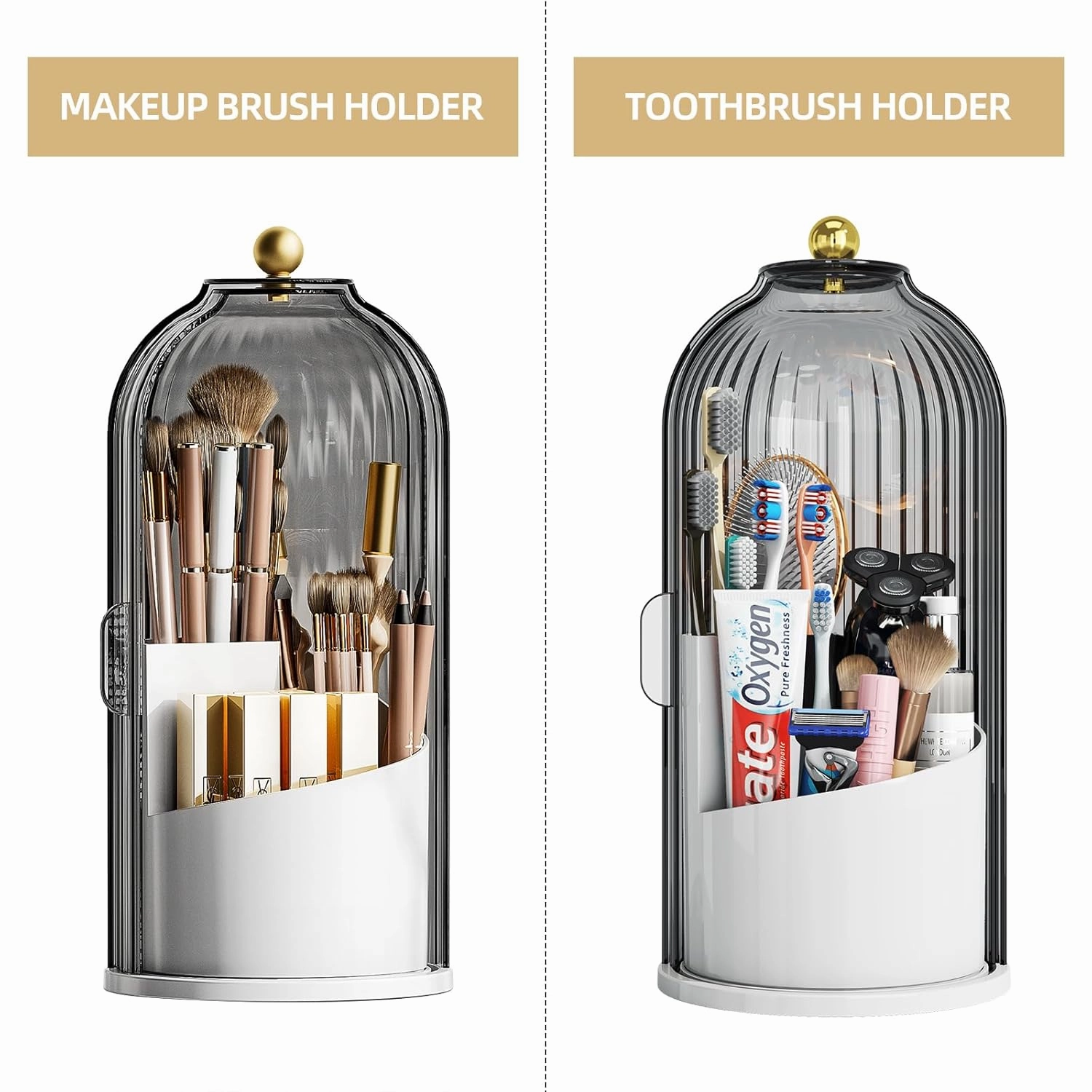 Makeup Brush Holder Organizer with Lid, 360 Rotating Make up Brush Holder with Cover, Dustproof Makup Brush Storage for Vanity Bathroom Countertop, Covered Toothbrush Holder, Clear Grey