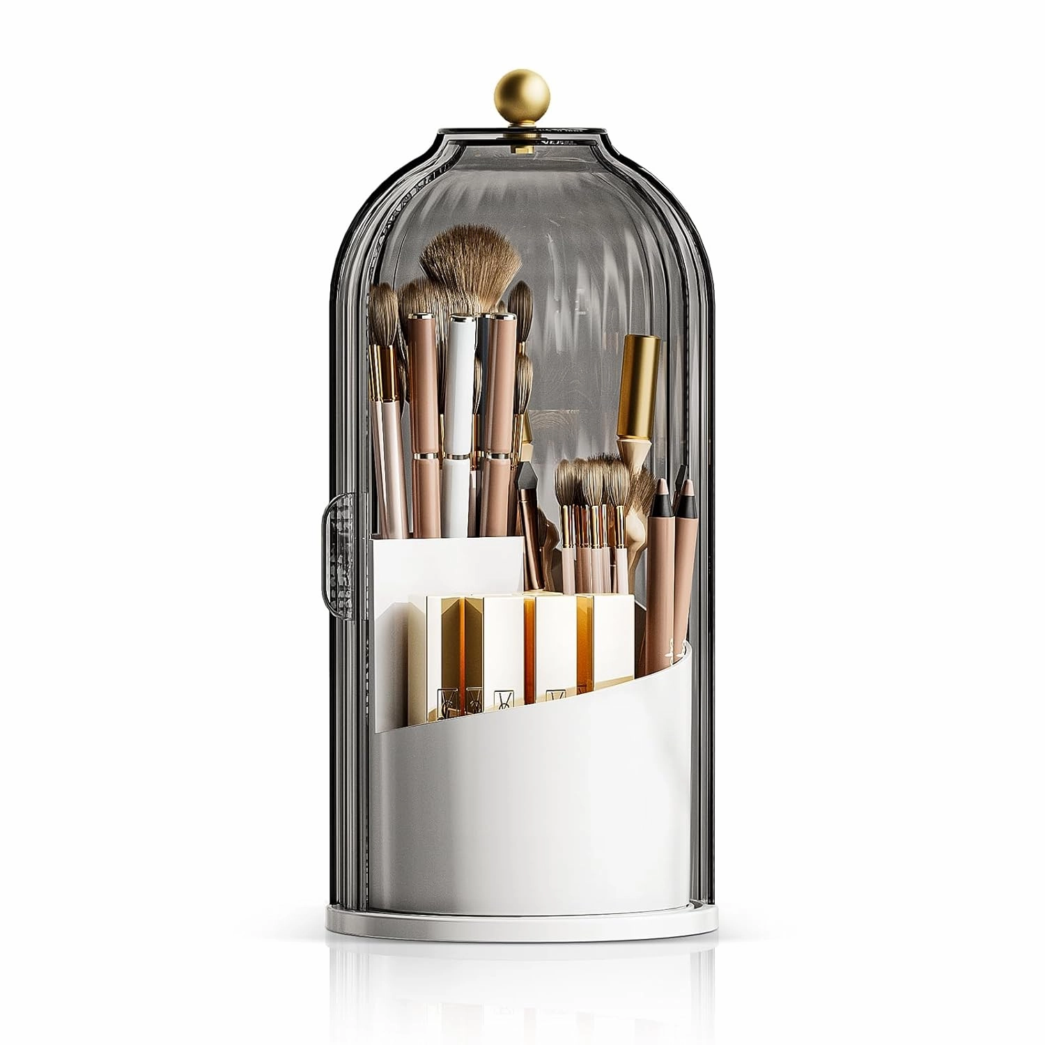 Makeup Brush Holder Organizer with Lid, 360 Rotating Make up Brush Holder with Cover, Dustproof Makup Brush Storage for Vanity Bathroom Countertop, Covered Toothbrush Holder, Clear Grey