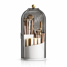 Makeup Brush Holder Organizer with Lid, 360 Rotating Make up Brush Holder with Cover, Dustproof Makup Brush Storage for Vanity Bathroom Countertop, Covered Toothbrush Holder, Clear Grey