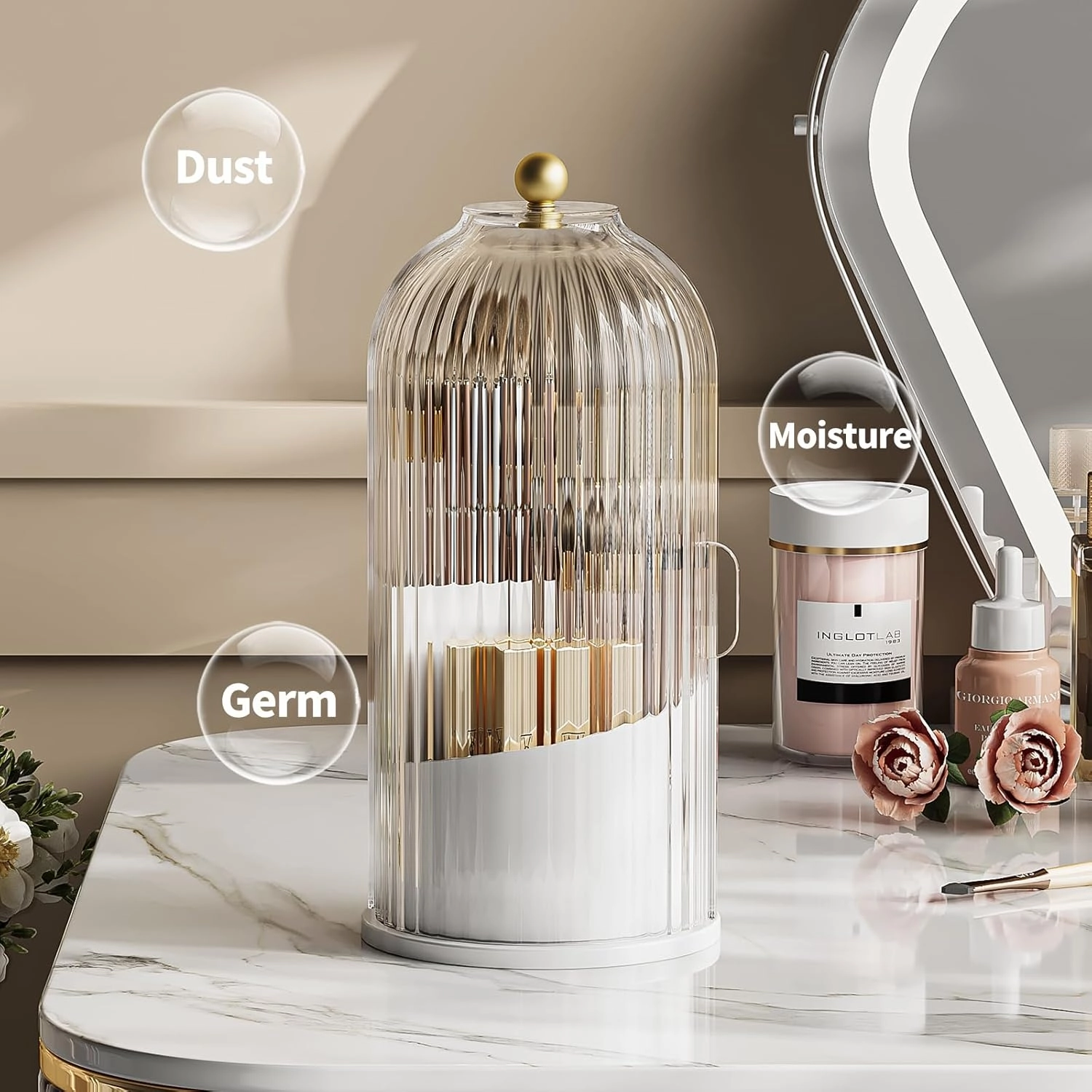 Makeup Brush Holder Organizer with Lid, 360 Rotating Make up Brush Holder with Cover, Dustproof Makup Brush Storage for Vanity Bathroom Countertop, Covered Toothbrush Holder, Clear Grey